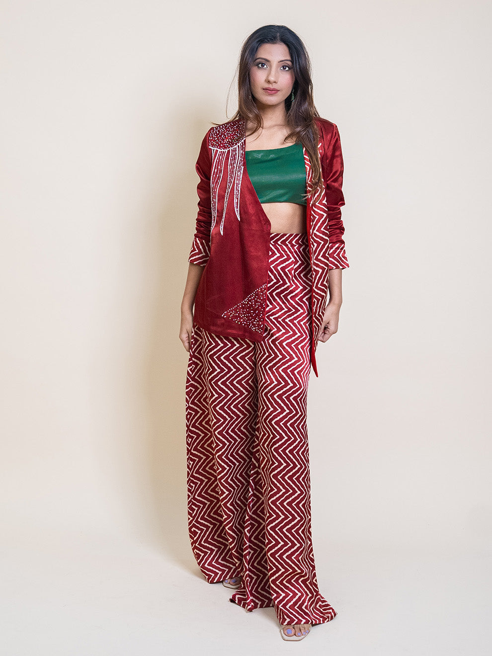 Rich and traditional Hand-Embroidered Mushroom Silk 3-Piece Fusion Set