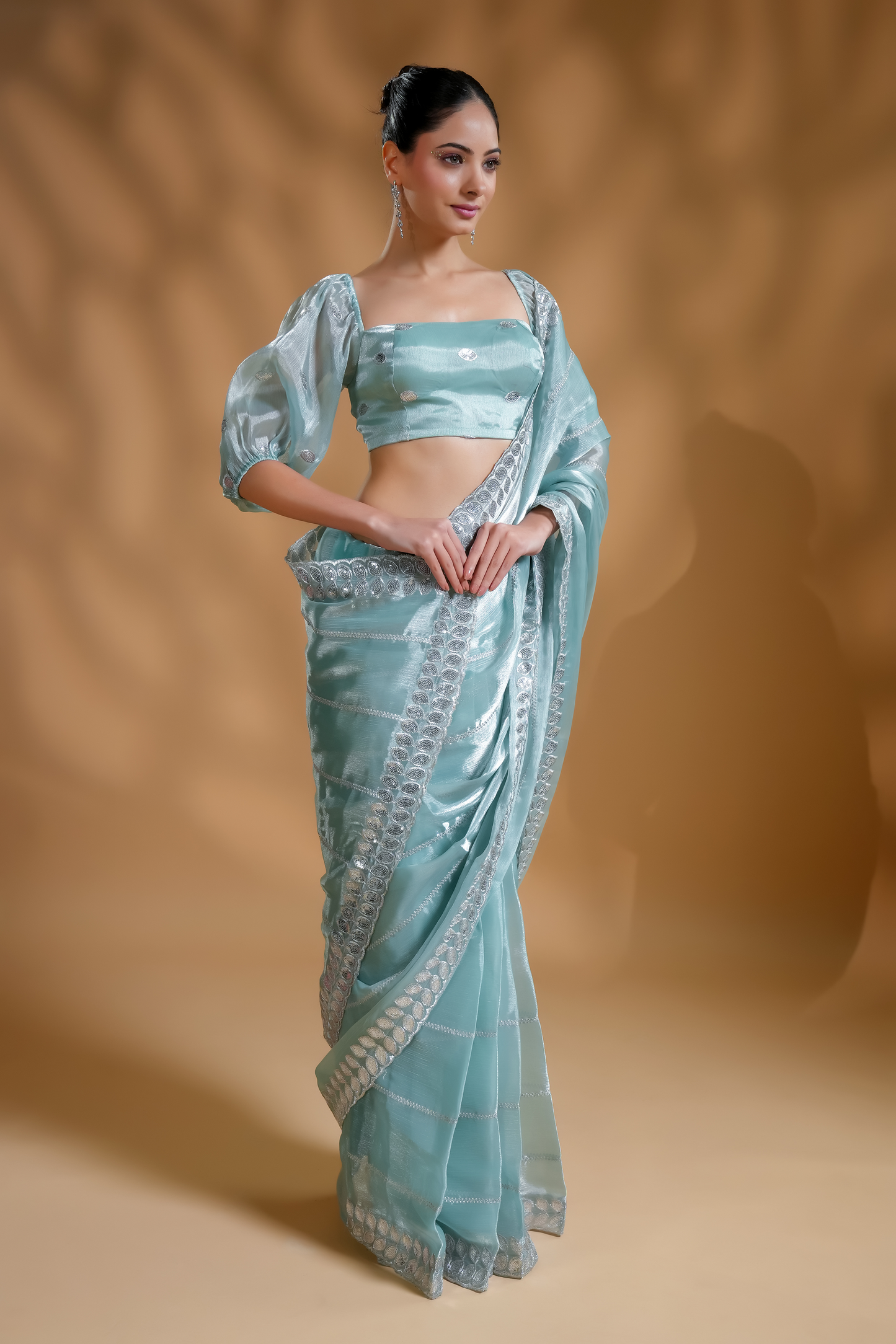 Elegant Aqua Light Embroidered Ready to Wear Saree with  Blouse Fabric