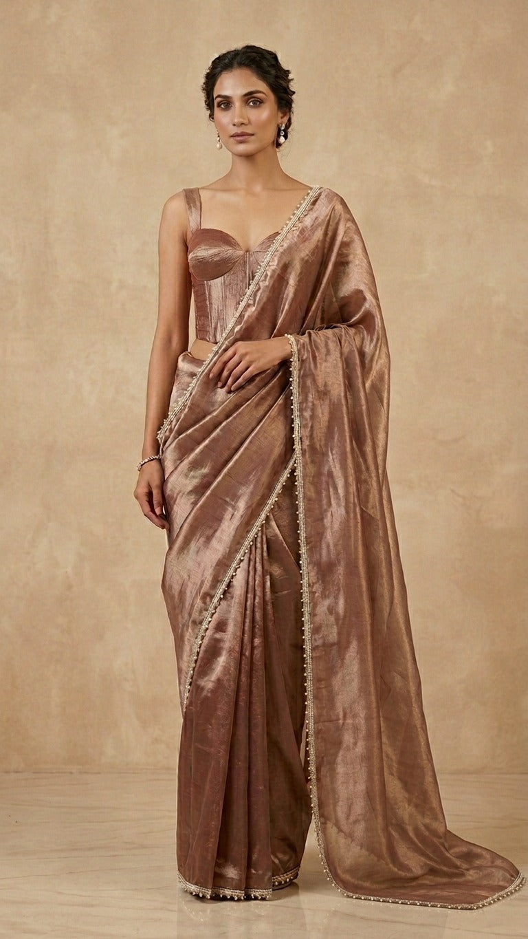 Mesmeric Brown Tissue Silk Saree with Pearl Detailing & Blouse Fabric