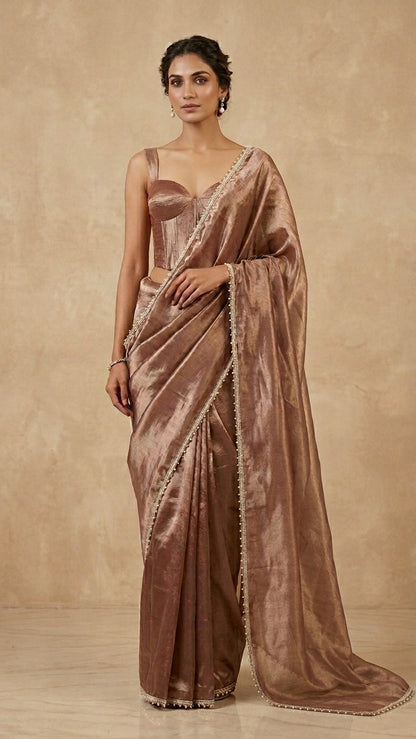 Mesmeric Brown Tissue Silk Saree with Pearl Detailing & Blouse Fabric