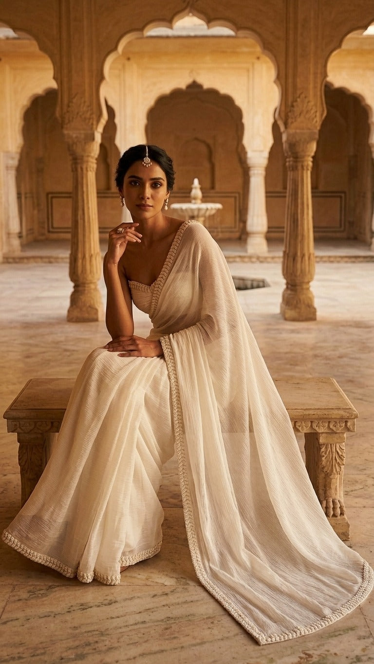 Luxe Pearl Embroidered Chinnon Crush Saree