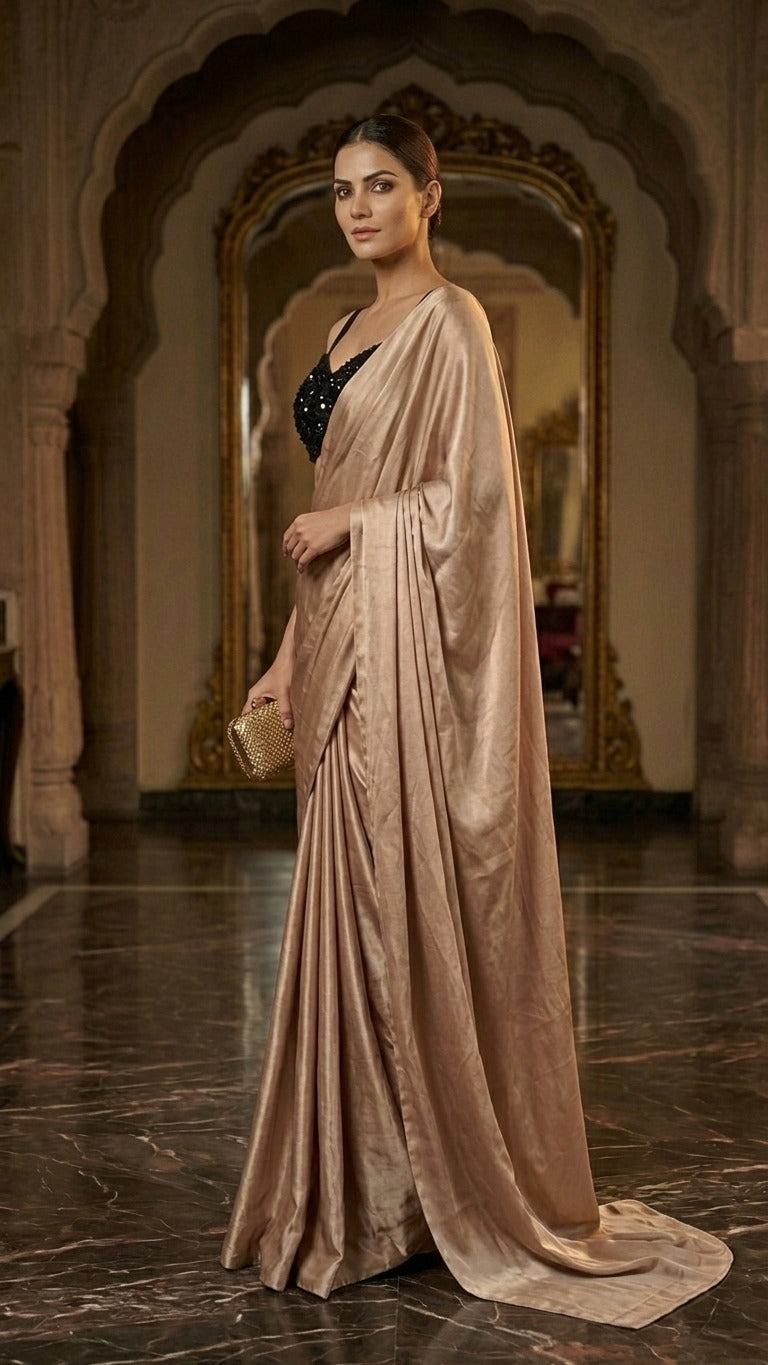 Ravishing Mocha Satin Saree With Full Sequins Blouse Fabric