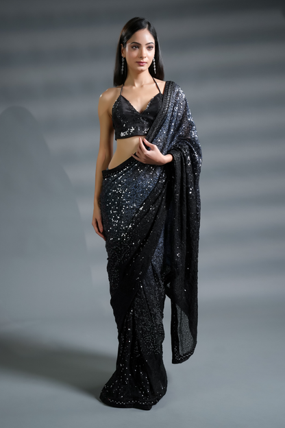 Ravishing Black Ready to Wear Sequin Saree and Blouse Fabric