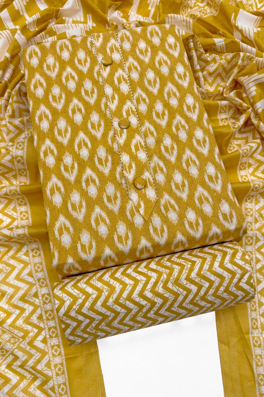 Mustard Ikat Printed Cotton Unstitched Suit Set with Zigzag Dupatta