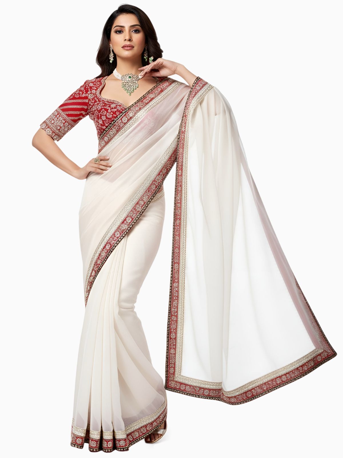 Royal Silk Embroidered Saree with Red Embroidered Blouse Fabric