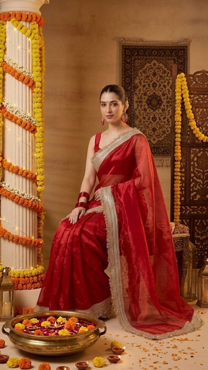 Ravishing Scarlet Radiance Tissue Saree with Luxe Hand Embellished Border & Blouse Fabric