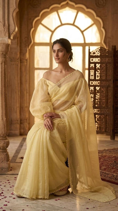 Pastel Yellow Organza Saree with Floral Lace and Blosue Fabric