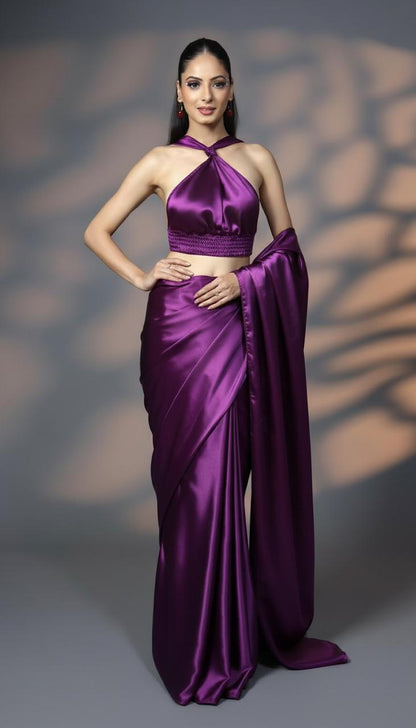 Imperial Plum Satin Silk Saree