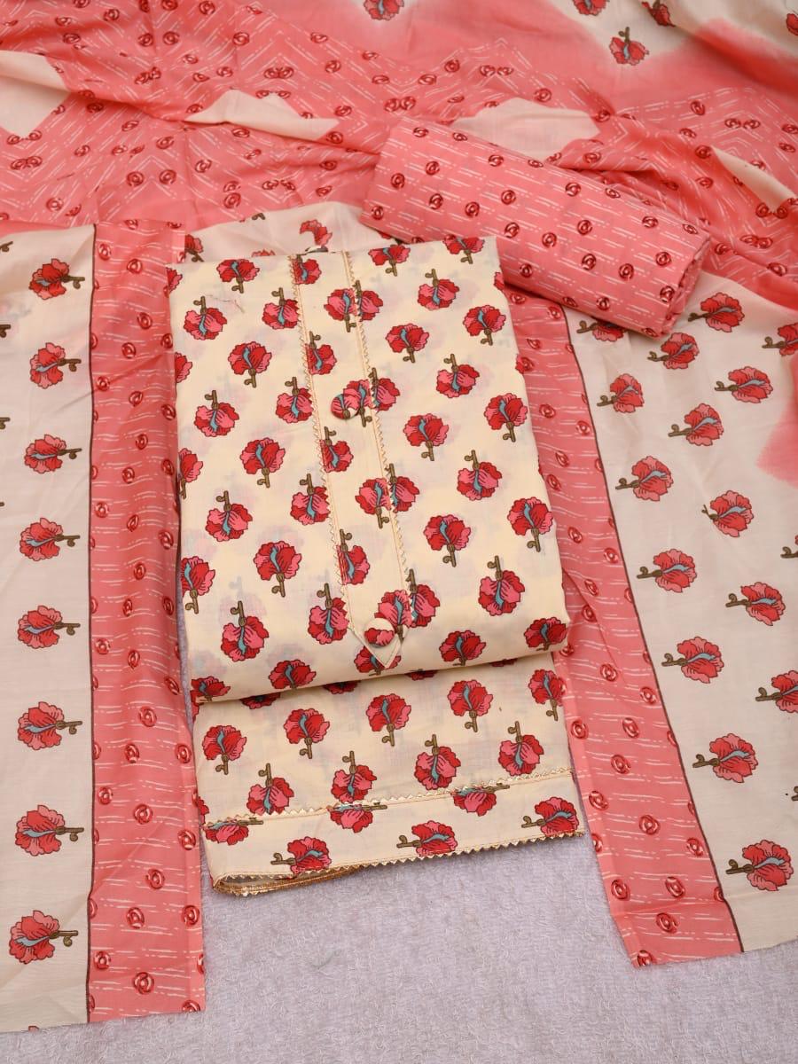 Peach Blossom Printed Cotton Unstitched Suit Set