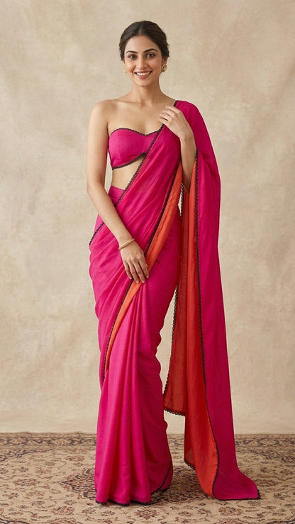 Hot Pink Chroma Saree with Scalloped Lace Detail & Blouse Fabric