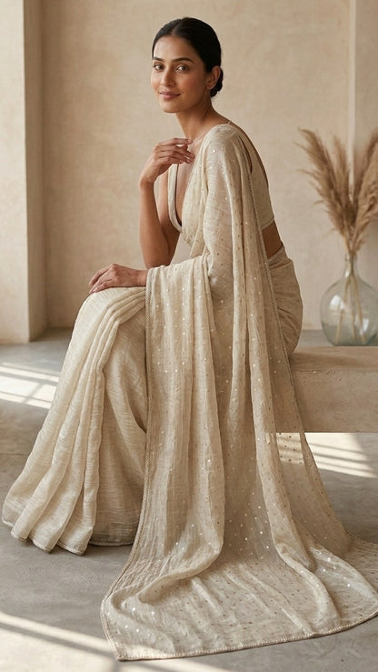 Royal Beige Crinkled Salsa Crystal Lace Saree with Blouse Fabric