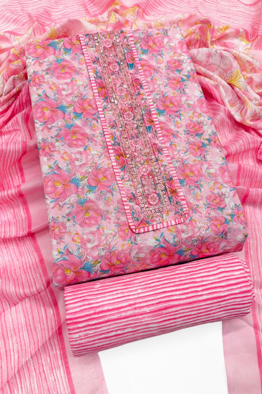 Pink Floral Print Cotton Unstitched Suit Set & Striped Dupatta