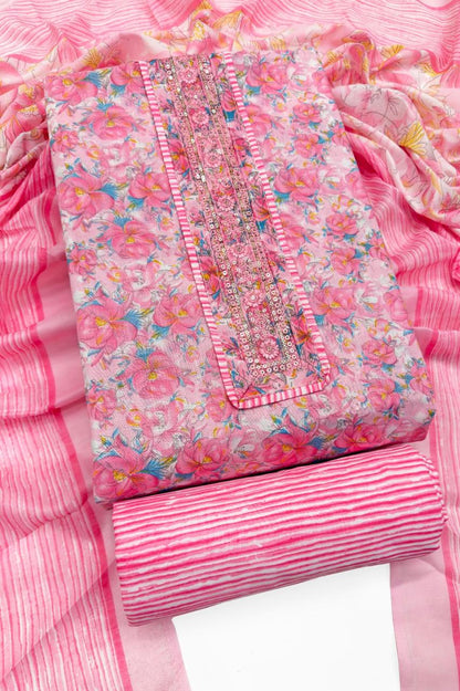 Pink Floral Print Cotton Unstitched Suit Set & Striped Dupatta