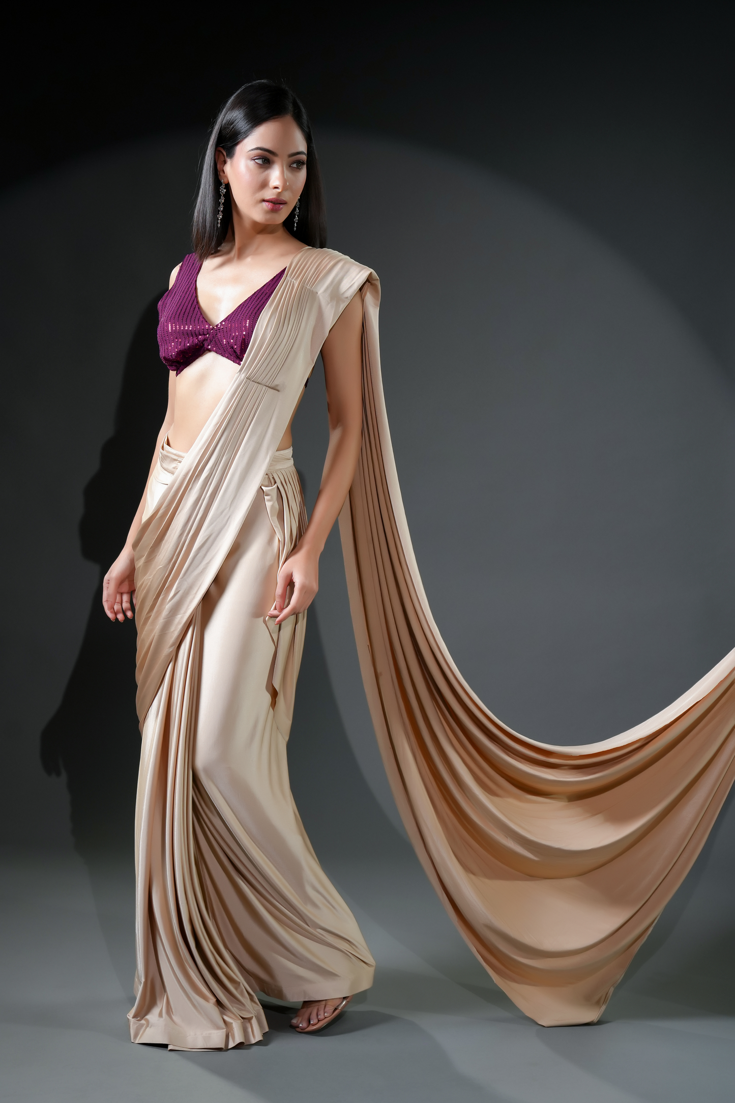 Exclusive Designer Ivory Ready-to-Wear Saree with Unique Drape in Luxe Fabric