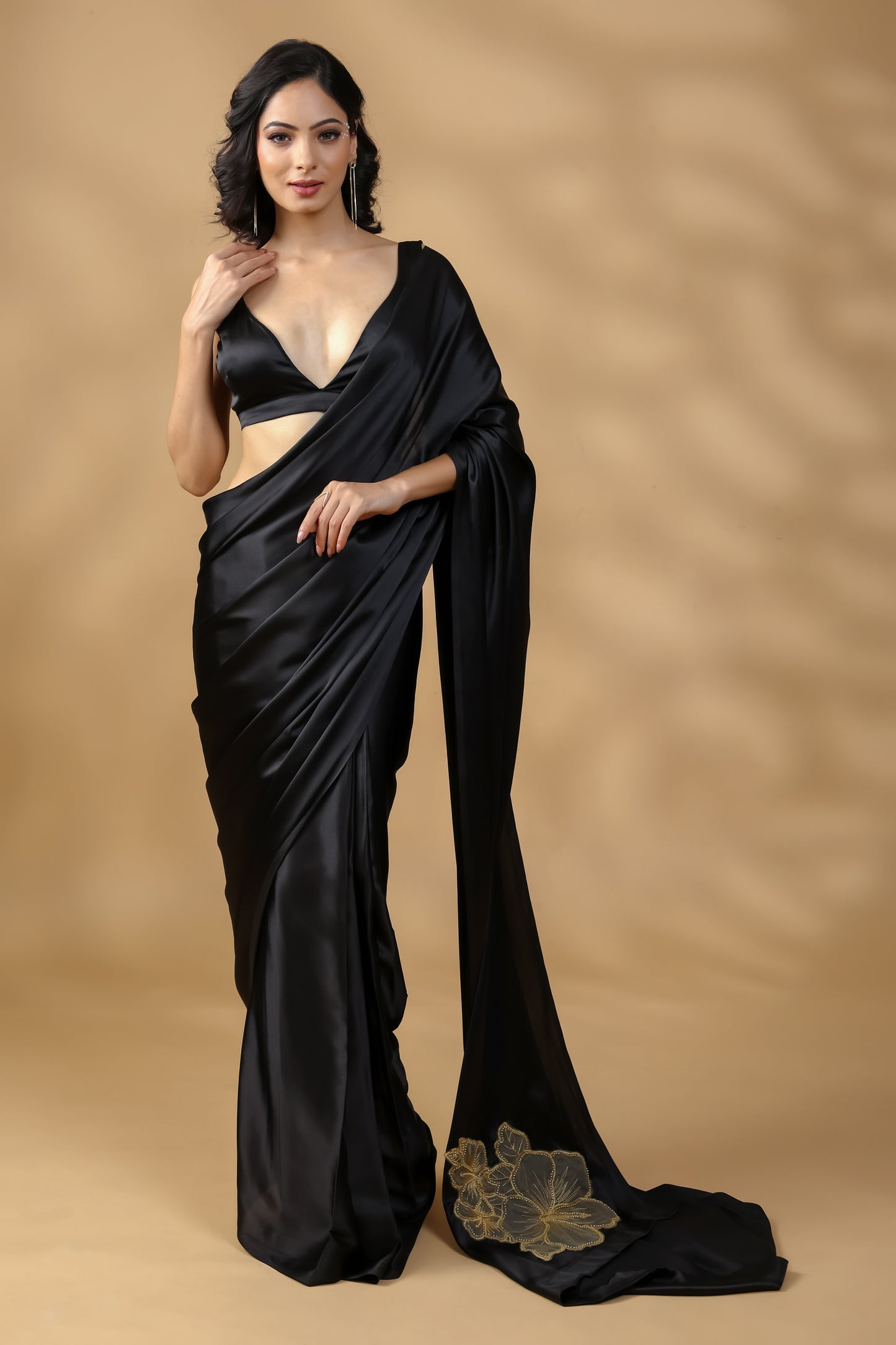 Black Beauty Golden Embroidered Saree with Blouse Fabric