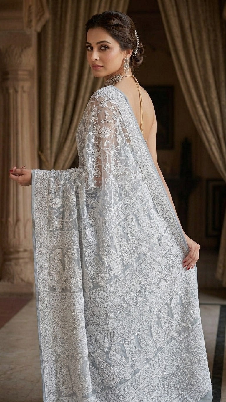 Icy Blue Pure Georgette Heavy Chikankari Embroidery Saree with Blouse Fabric