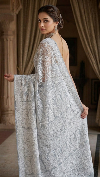 Icy Blue Pure Georgette Heavy Chikankari Embroidery Saree with Blouse Fabric