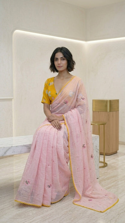Charming Pastel Pink Embroidered Mul Chanderi Saree with Embroidered Blouse Fabirc