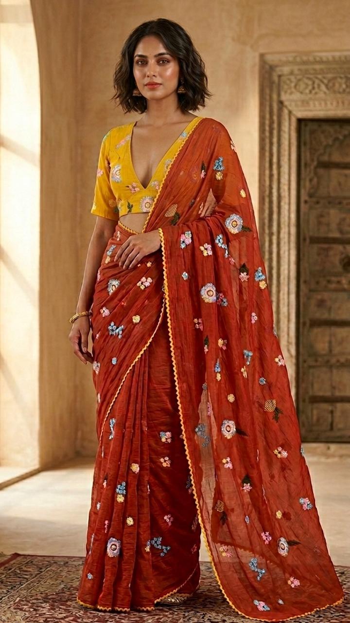 Festive Bloom Embroidered Pure Chanderi Mul Saree with Blouse Fabric