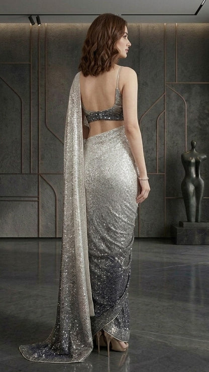 Sparkling Ombre Premium Sequins Saree With Blouse Fabric