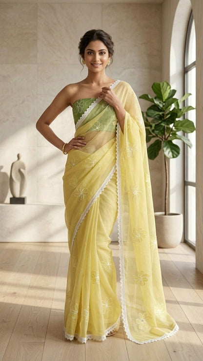 Enchanting Lemon Bloom Pure Mul Chanderi Embroidered Saree with Blouse Fabric