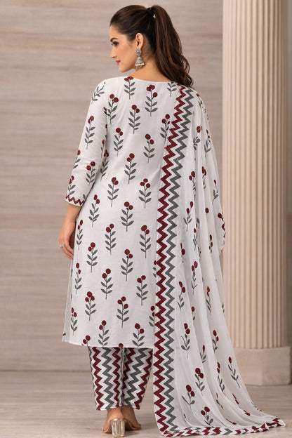Maroon & Grey Geometric Chevron Cotton Unstitched Salwar Suit Set