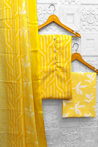 Yellow Striped Printed Cotton Unstitched Suit Set with Dupatta