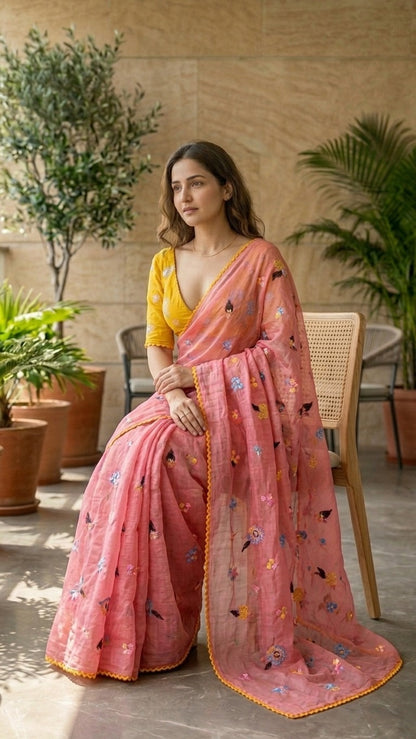 Rosy Charm Pure Mul Chanderi Embroidered Saree with Blouse Fabric