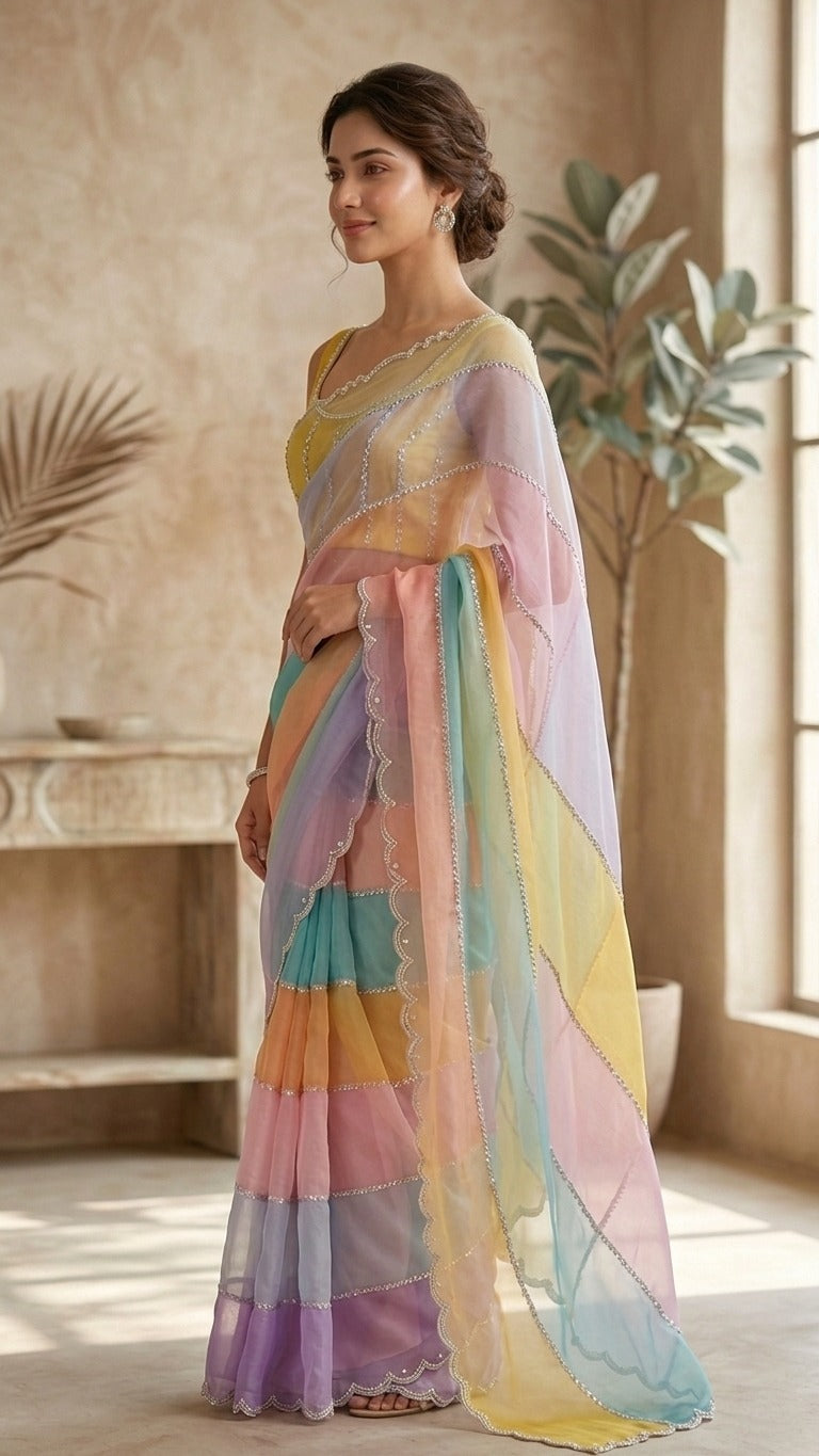 Rainbow Pastel Premium Embroidered Organza Saree with Embroidered Blouse Fabric