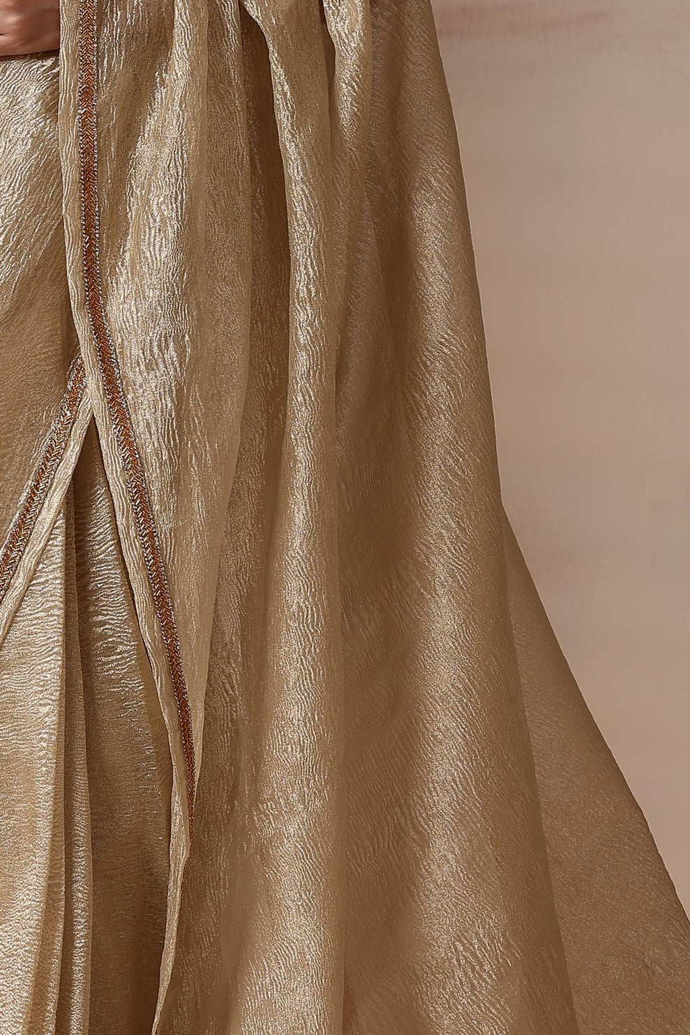 Regal Silver Gold Shimmer Embroidered Crush Tissue Saree with Blouse Fabric