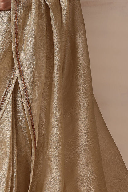 Regal Silver Gold Shimmer Embroidered Crush Tissue Saree with Blouse Fabric