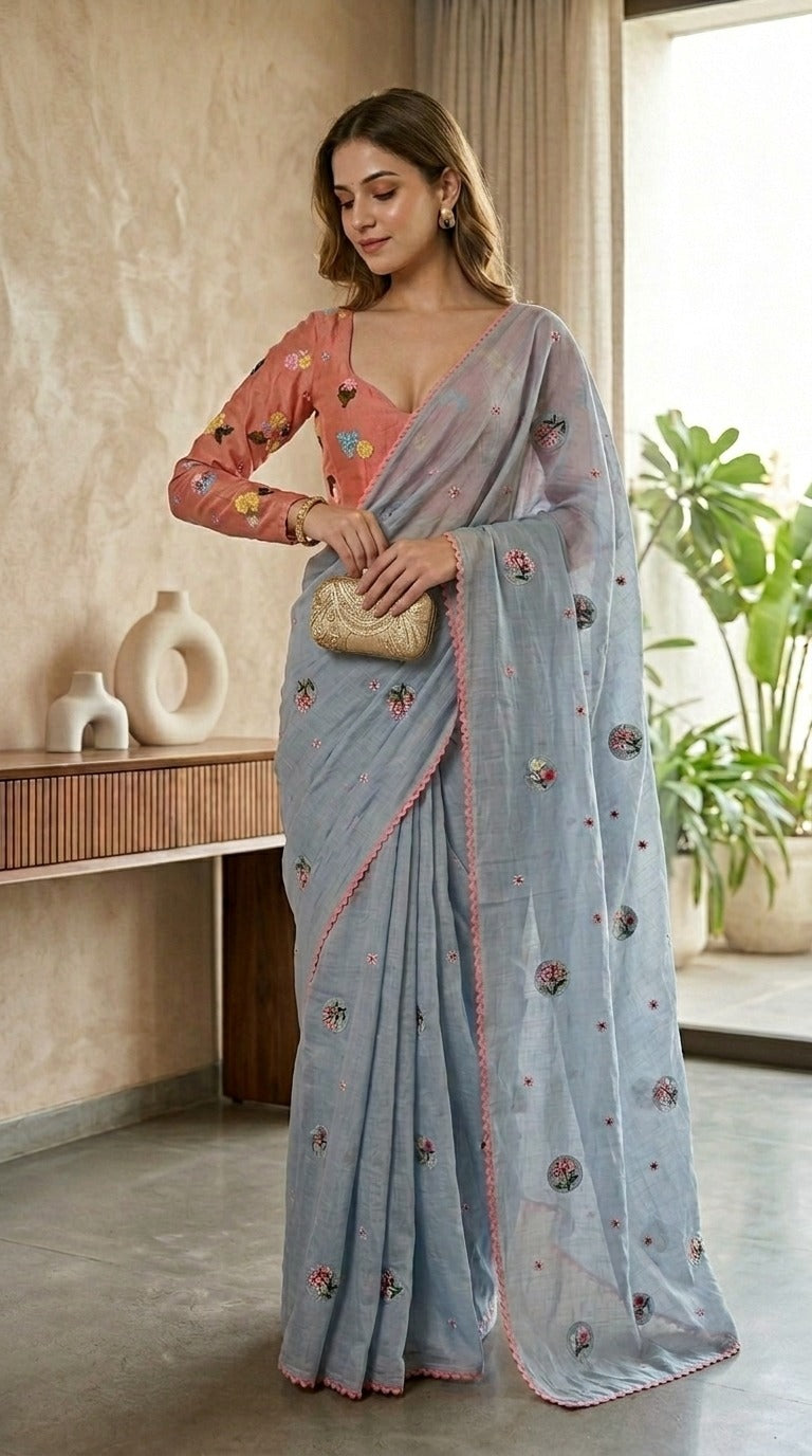 Dreamy Blue Floral Embroidered Pure Mul Chanderi Saree with Blouse Fabric