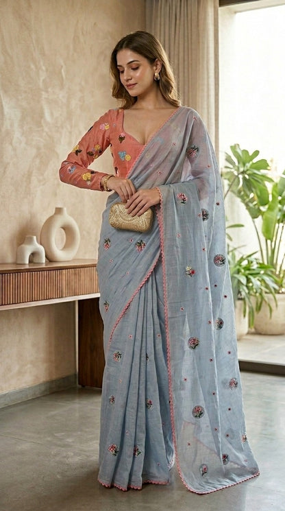 Dreamy Blue Floral Embroidered Pure Mul Chanderi Saree with Blouse Fabric