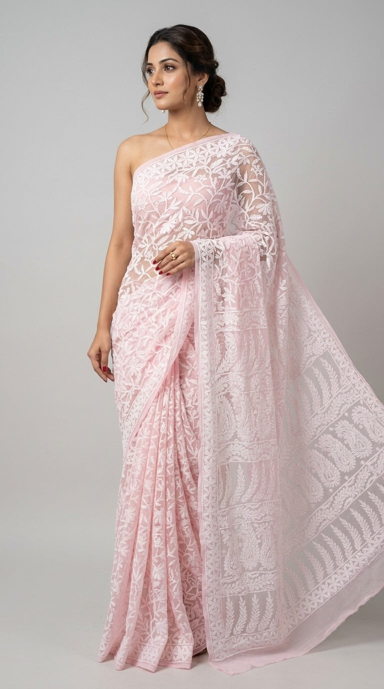 Blush Pink Pure Chikankari Georgette Heavy Embroidery Saree with Blouse Fabric