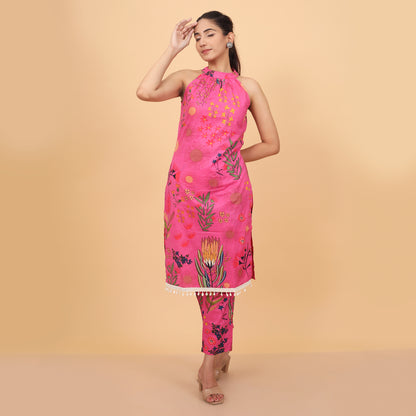 Whimsical Floral Halter Neck Kurta and Pant