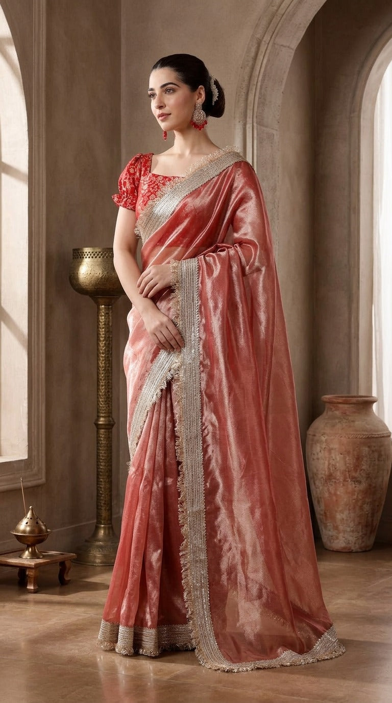 Dreamy Rose Gold Radiance Premium Tissue Saree with Blouse Fabric