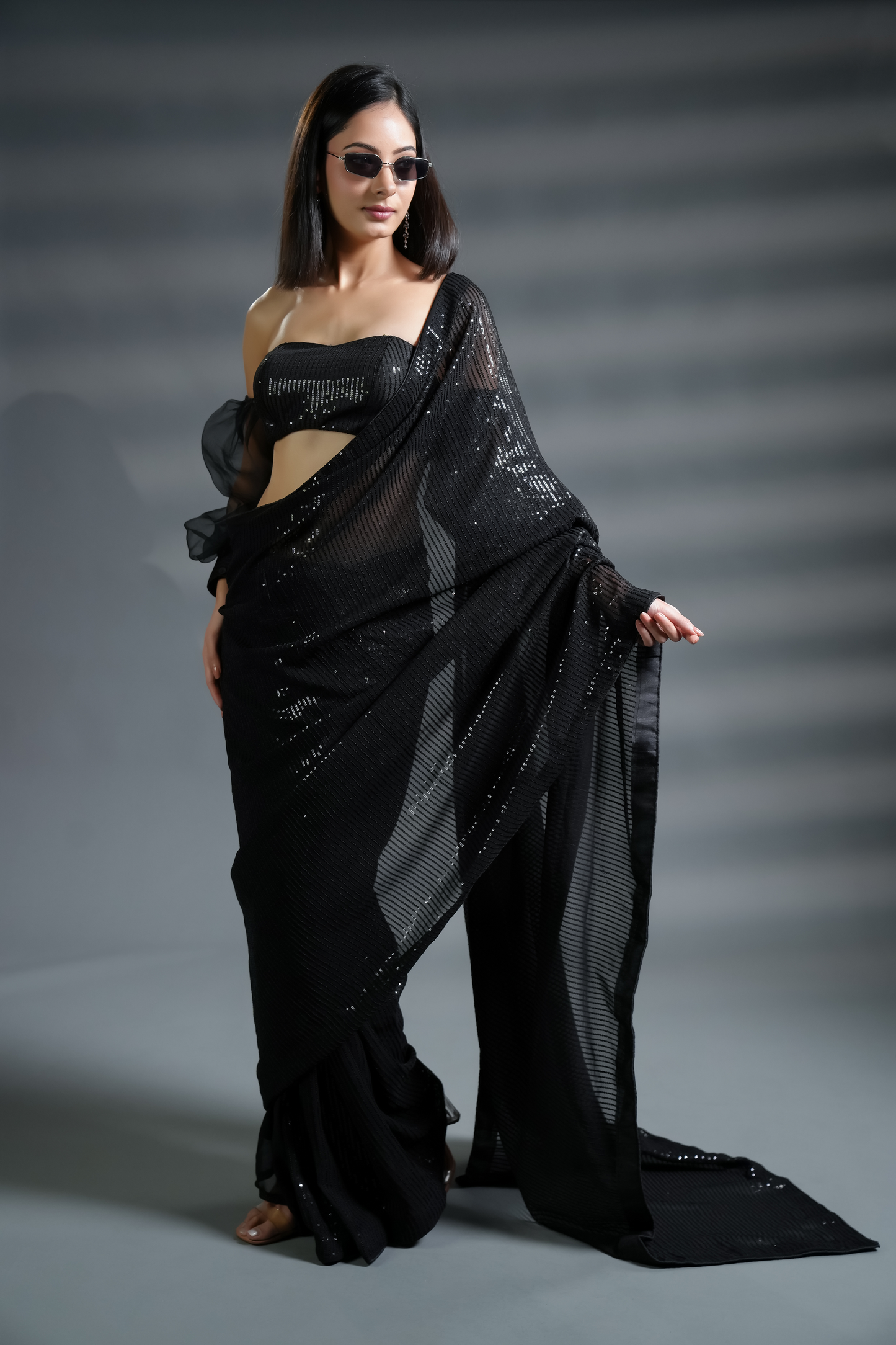 Dazzling Black Ready-to-Wear Premium Sequin Saree and Blouse Fabric