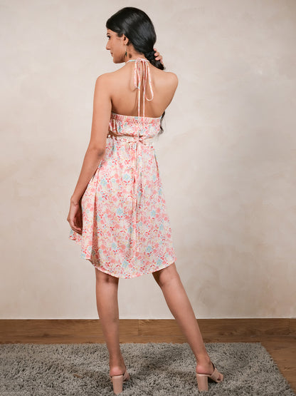 Exquisite Floral Printed Halter Dress with Shell Embroidered Belt