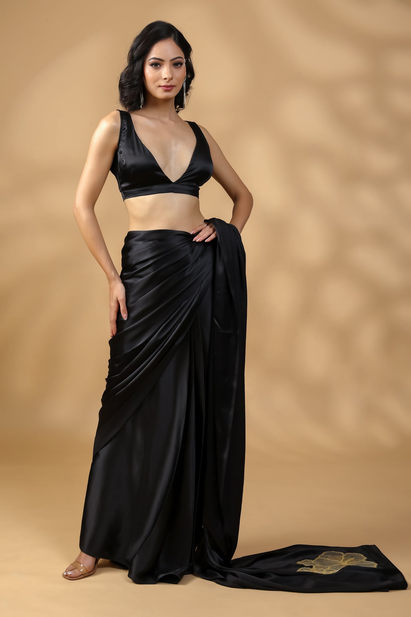 Black Beauty Golden Embroidered Saree with Blouse Fabric