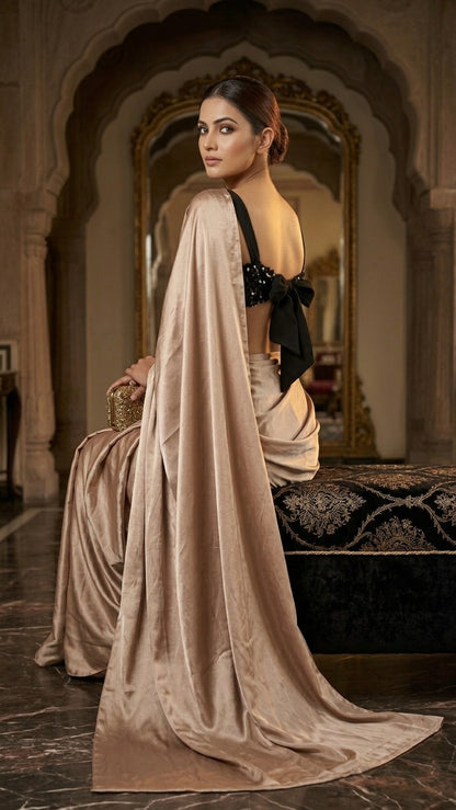 Ravishing Mocha Satin Saree With Full Sequins Blouse Fabric