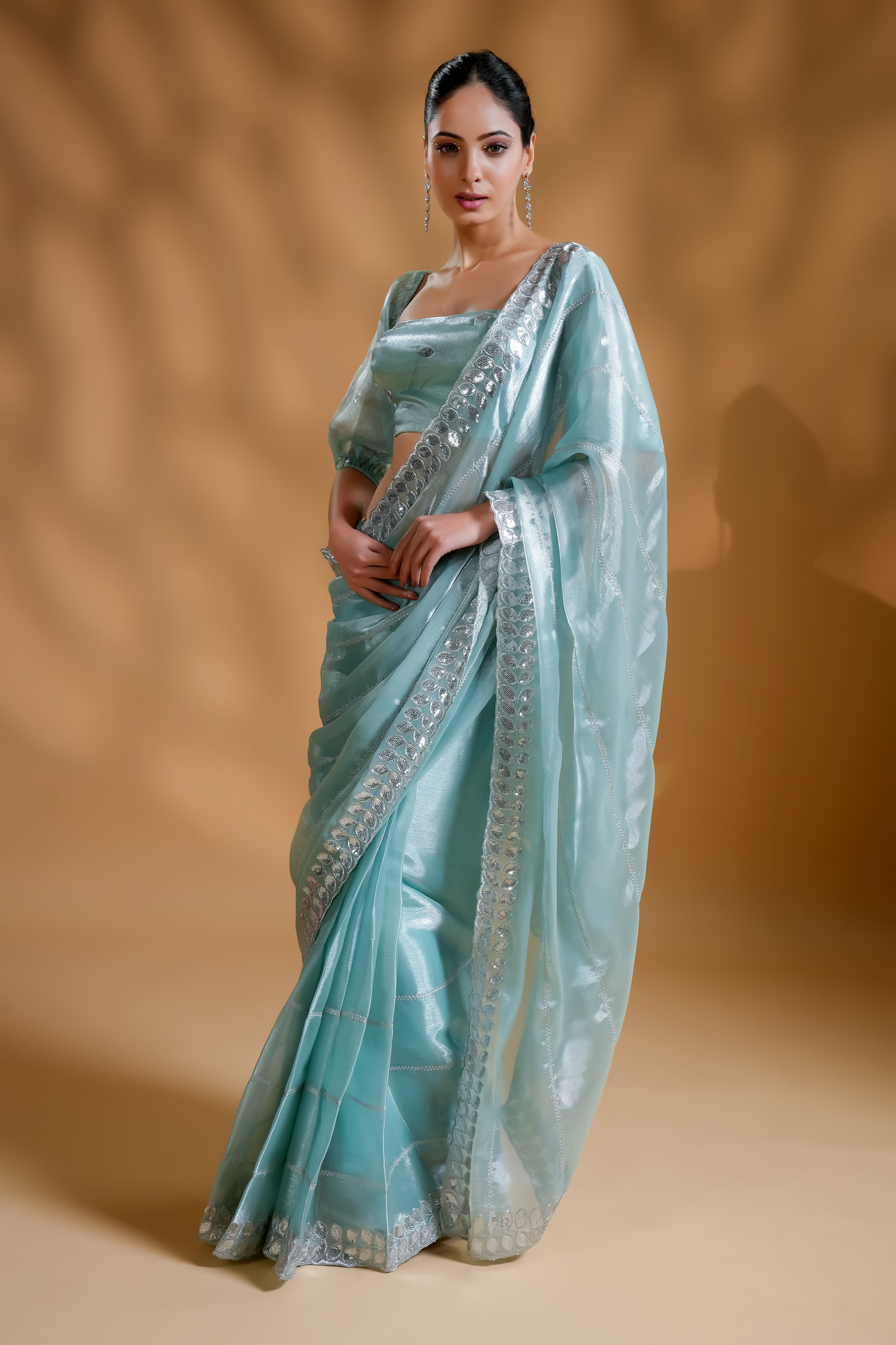 Elegant Aqua Light Embroidered Ready to Wear Saree with  Blouse Fabric