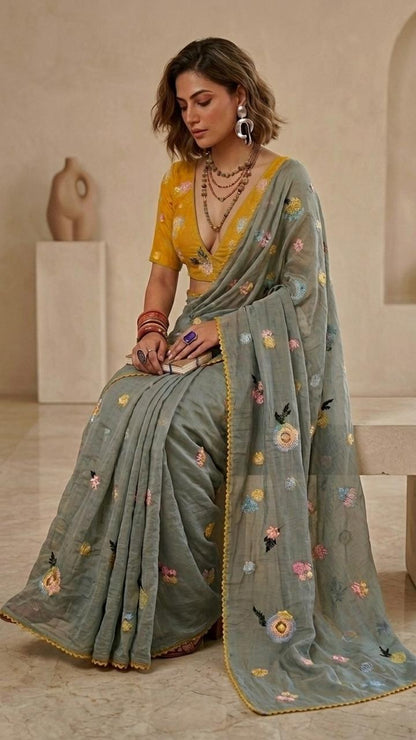 Earthy Sage Floral Embroidered Pure Mul Chanderi Saree with Blouse Fabric