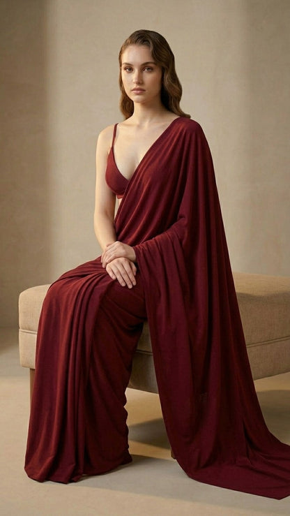 Ready to Wear Maroon Serenity Lycra Saree with Blouse Fabric