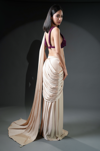 Exclusive Designer Ivory Ready-to-Wear Saree with Unique Drape in Luxe Fabric