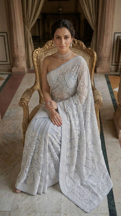 Icy Blue Pure Georgette Heavy Chikankari Embroidery Saree with Blouse Fabric
