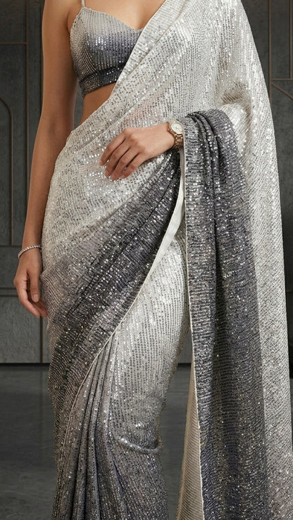 Sparkling Ombre Premium Sequins Saree With Blouse Fabric