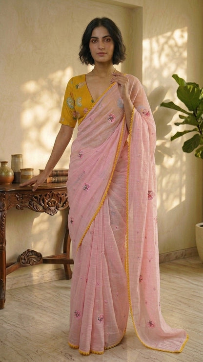 Charming Pastel Pink Embroidered Mul Chanderi Saree with Embroidered Blouse Fabirc