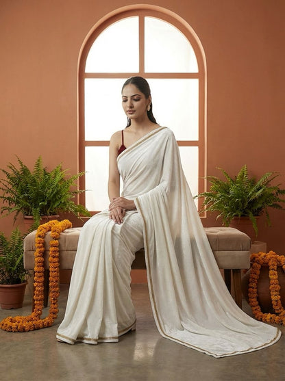 Classic Off-White Velvet Evening Designer Saree with Blouse Fabric