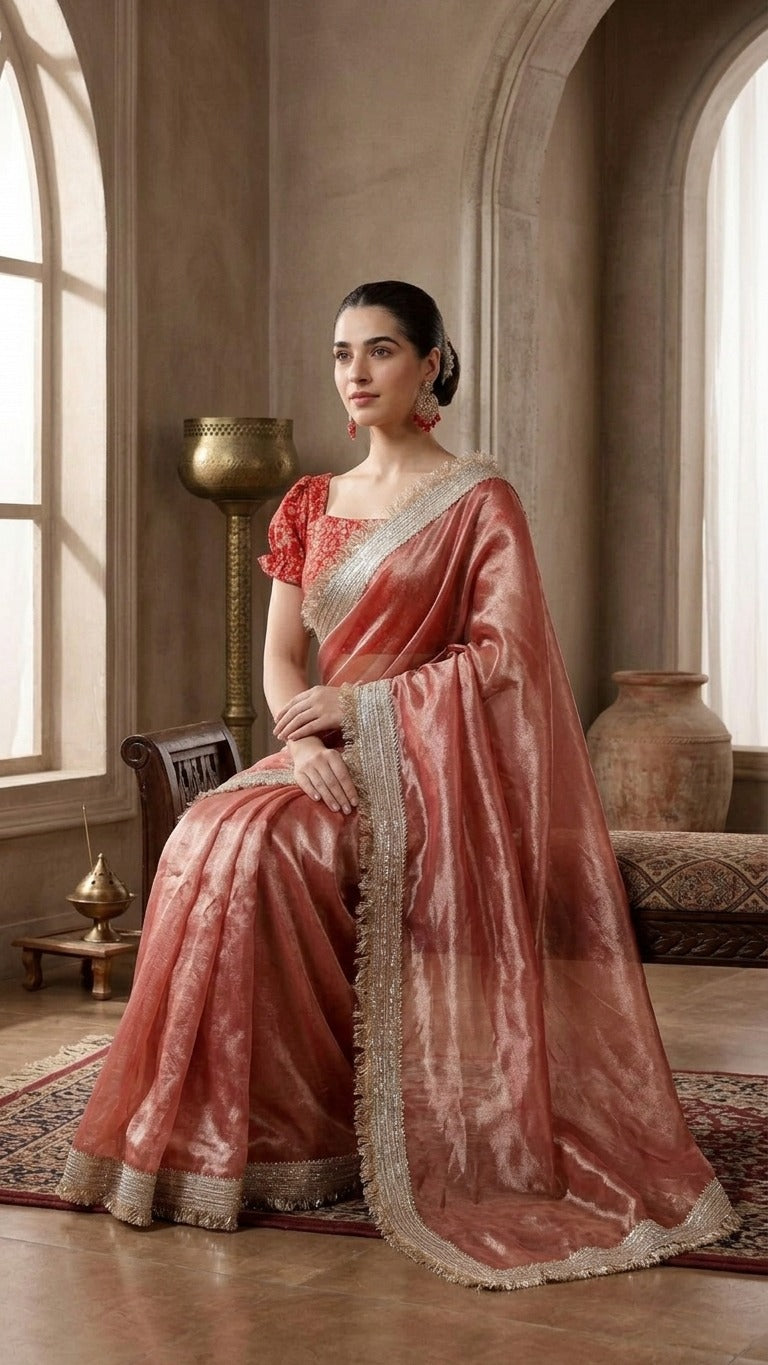 Dreamy Rose Gold Radiance Premium Tissue Saree with Blouse Fabric