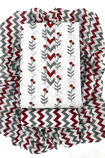 Maroon & Grey Geometric Chevron Cotton Unstitched Salwar Suit Set